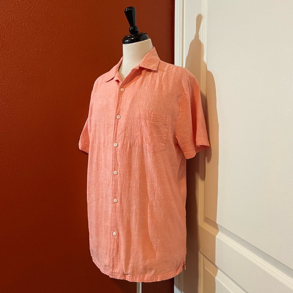 Onia Men’s Linen Pink Pocket Button Down Short Sleeve Vacation Travel Camp Shirt